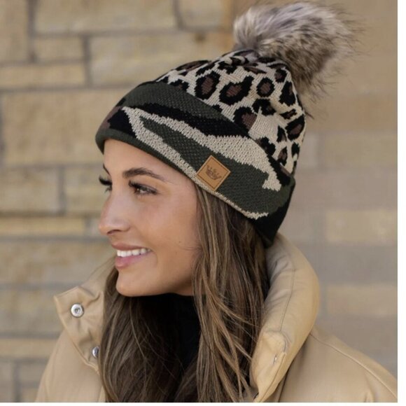 Panache Leopard Camo Cuff Beanie Pom Hat - Picture 1 of 8